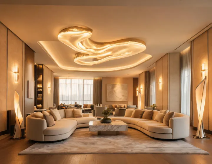 Architectural lounge illuminated by sculptural pendant and floor luminaires