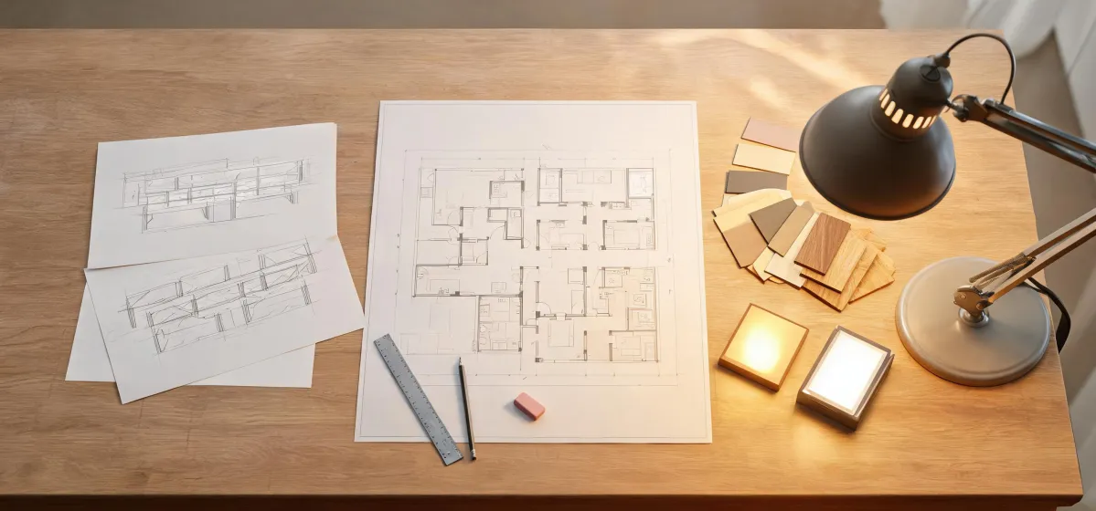 Lighting samples arranged around a room plan